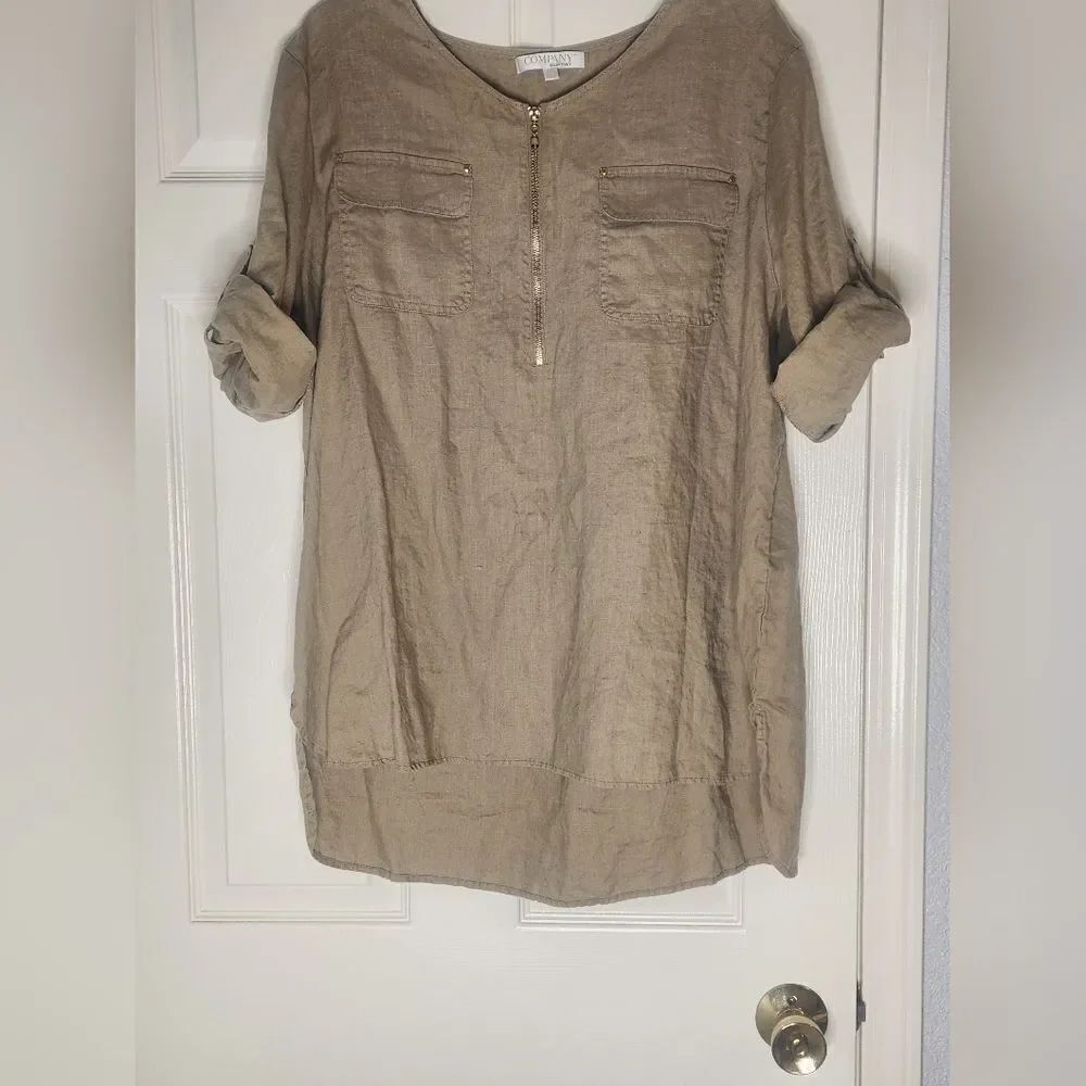 Company Ellen Tracy XXl Tan Roll Tab Oversize 100% LINEN Zipper Women Top Shirt